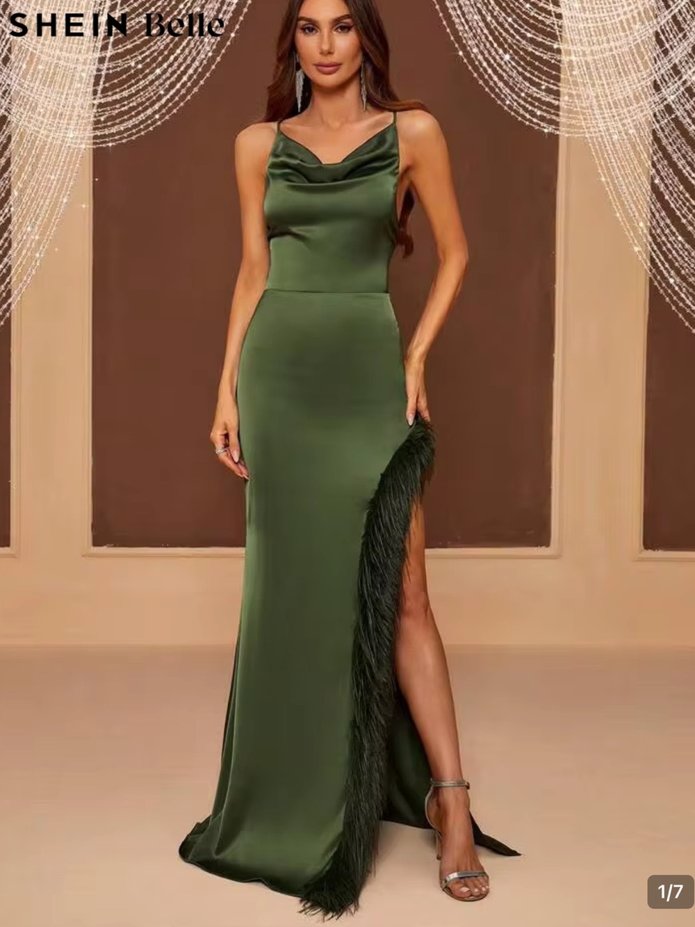SHEIN Belle Olive Green Satin Cowl Neck Floor Length Feather Gown Dress SZ L/G